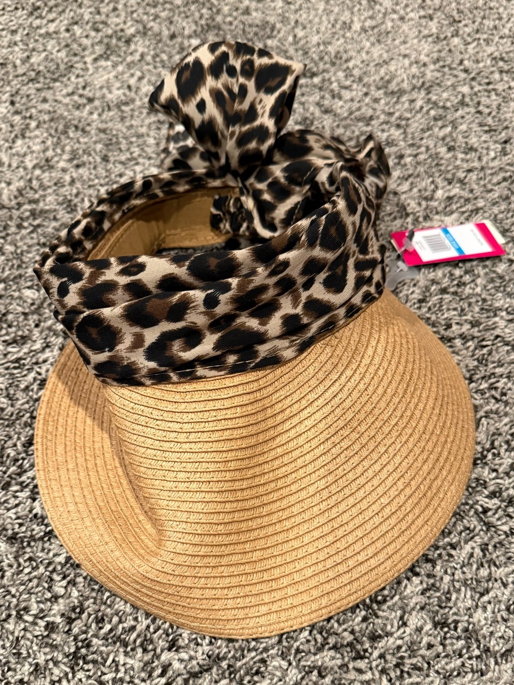 NEW Vince Camuto Tan Straw Visor with Leopard Scarf Tie 🐆